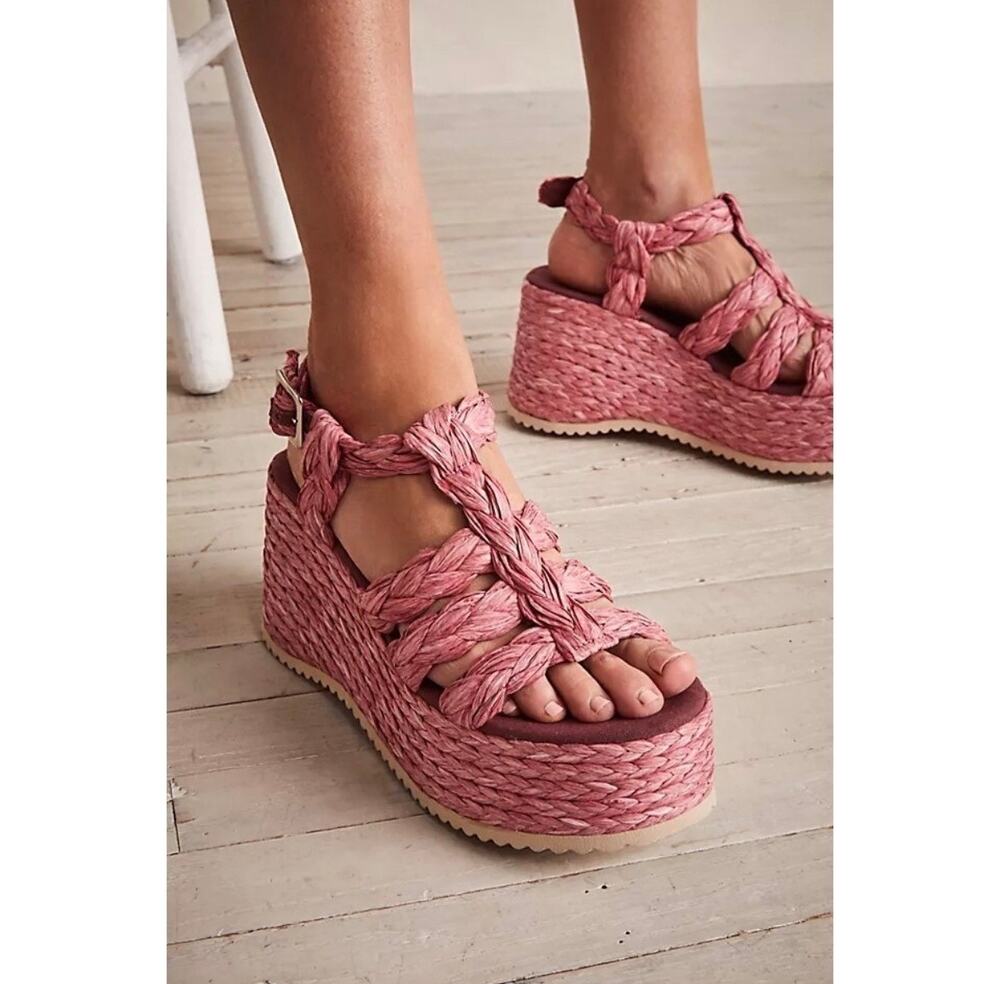 Free People Womens Pink Raffia Rendezvous Wedge Sandals Sz 39 Sz 9 Boho Festival